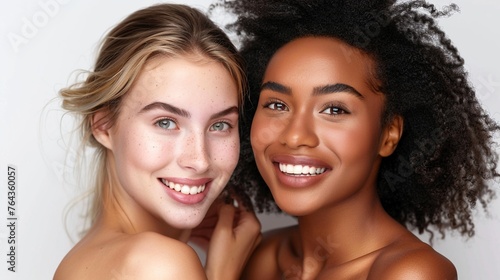 Attractive Healthy Skincare Concept: Portrait of Two Young Adult Women Friends