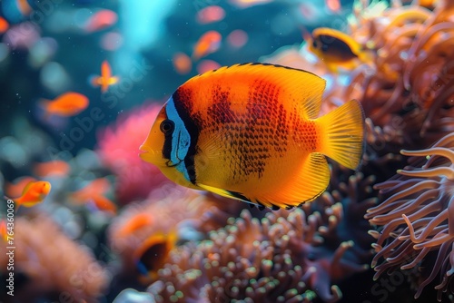 Underwater splendor: bright fish among colorful corals in the aquarium