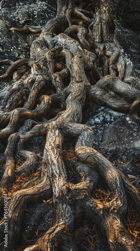 Twisted ancient tree roots on rocky surface