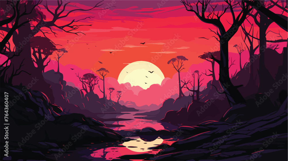 Sunset in fantasy forest