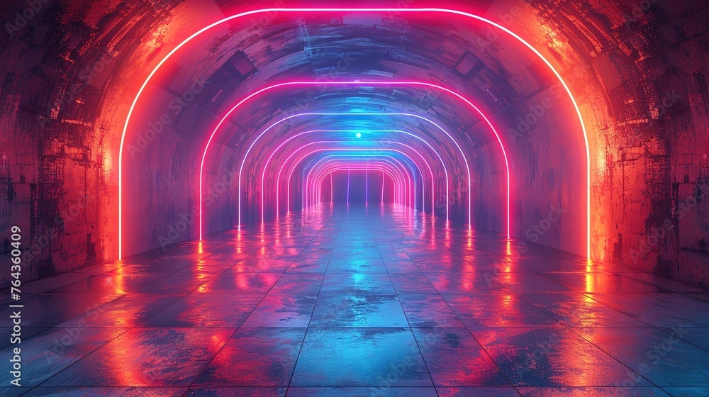 Abstract neon light geometric background. Glowing neon lines. Empty futuristic stage laser. Colorful rectangular laser lines. Square tunnel. Night club empty room. Laser show design Abstract neon light geometric background. Glowing neon lines. Empty futuristic stage laser. Colorful rectangular laser lines. Square tunnel. Night club empty room. Laser show design