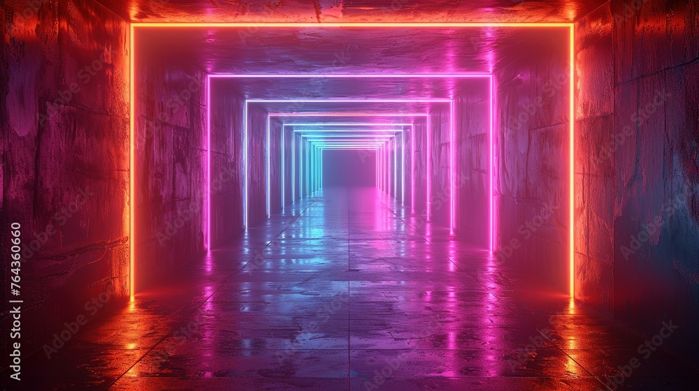 Fototapeta premium Abstract neon light geometric background. Glowing neon lines. Empty futuristic stage laser. Colorful rectangular laser lines. Square tunnel. Night club empty room. Laser show design