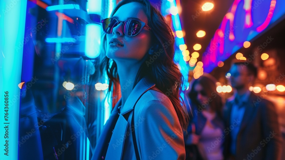 Neon-lit Business Nightlife: Stylish Teamwork in Colorful Atmosphere