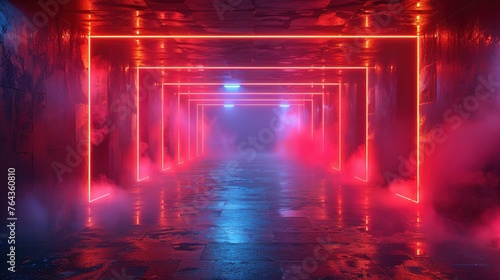 Abstract neon light geometric background. Glowing neon lines. Empty futuristic stage laser. Colorful rectangular laser lines. Square tunnel. Night club empty room. Laser show design