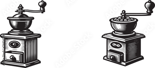 Vintage Vector Coffee grinder icon, authentic Retro logo Mill Classic beans crushing Equipment symbol,