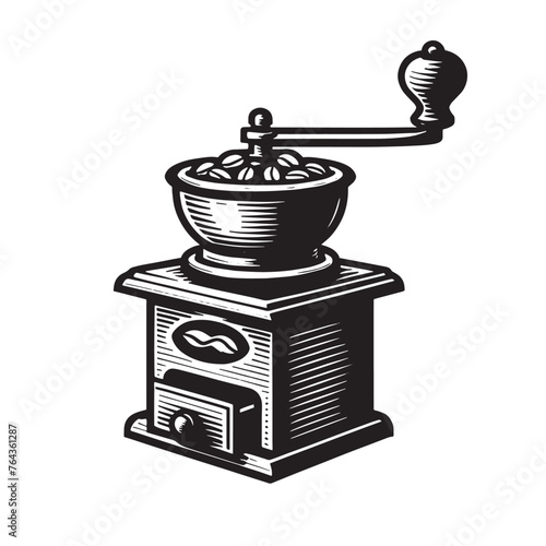 Vintage Vector Coffee grinder icon, authentic Retro logo Mill Classic beans crushing Equipment symbol,