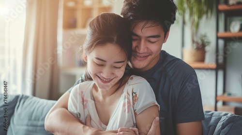 Asian Marry Love Couple: Romantic Portrait in Living Room
