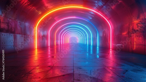 Abstract neon light geometric background. Glowing neon lines. Empty futuristic stage laser. Colorful rectangular laser lines. Square tunnel. Night club empty room. Laser show design © Jennifer