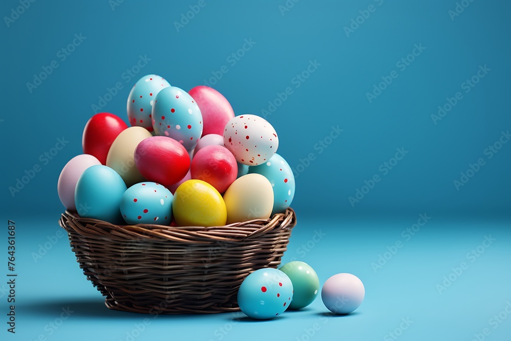 Colorful easter eggs in basket on blue Colorful easter eggs in basket on blue