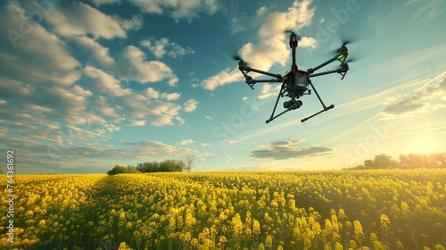 Future Farming Innovation: Hexacopter Drone Over Rapeseed Field