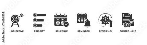 Time management banner web icon vector illustration concept with icon of objective, priority, schedule, reminder, efficiency, alerts, and controlling
