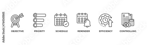 Time management banner web icon vector illustration concept with icon of objective, priority, schedule, reminder, efficiency, alerts, and controlling