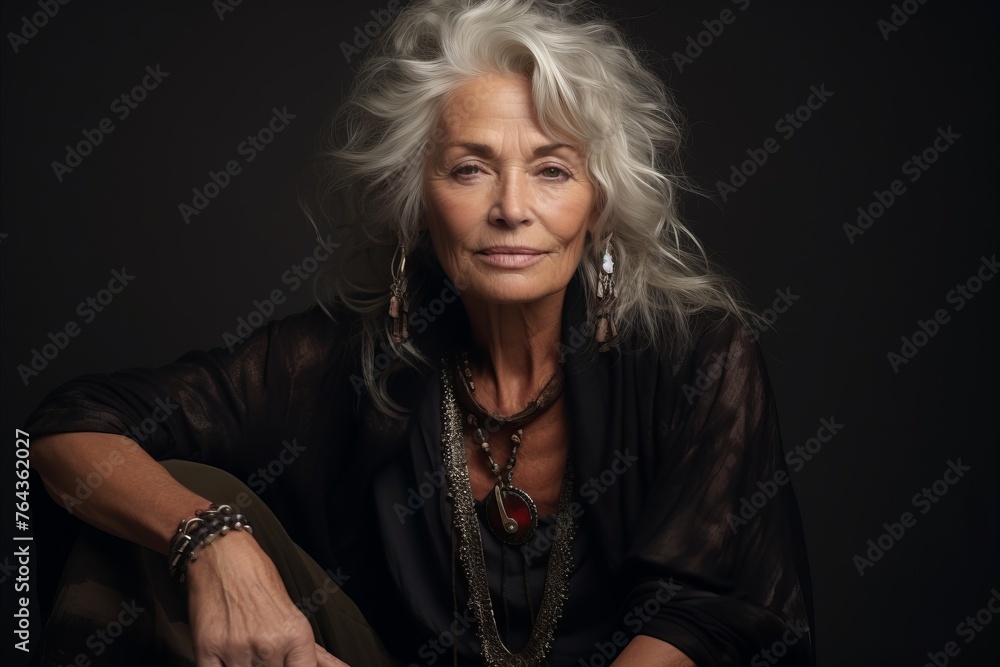 Portrait of a beautiful senior woman with long white hair on a dark background Portrait of a beautiful senior woman with long white hair on a dark background