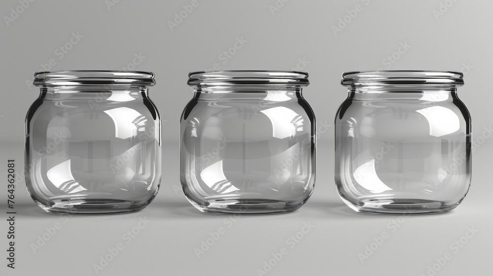 Three clear glass jars on gray background Three clear glass jars on gray background
