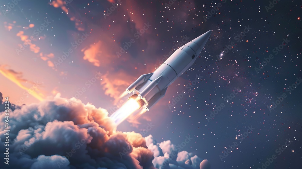 a rocket blasting off into space, leaving competitors behind, symbolizing the idea of innovation and pushing boundaries as a means to achieve a competitive advantage in strategic marketing