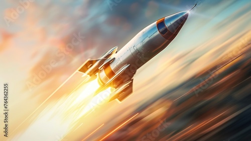 a rocket ship soaring ahead of competitors in a race, symbolizing the idea of achieving competitive advantage through innovation and speed in marketing strategies