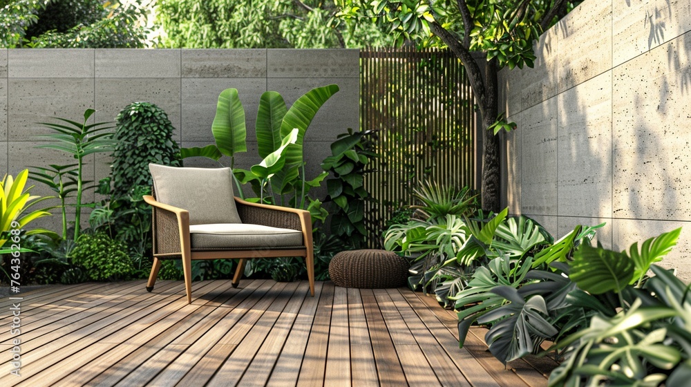 Fototapeta premium Cozy Wooden Terrace Balcony with Rattan Easy Chair