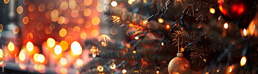 Fototapeta premium Joyful Christmas Celebrations: Tree, Fireplace, and Bokeh Background