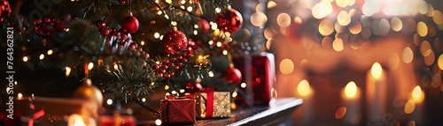 Joyful Christmas Celebrations: Tree, Fireplace, and Bokeh Background
