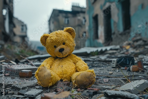 Yellow teddy bear sits amongst rubble and debris with dilapidated buildings in the background, conveying a sense of abandonment