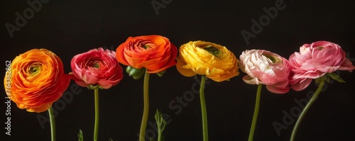 Vibrant ranunculus flowers on dark background