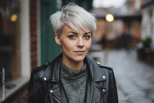 Portrait of a beautiful young woman with short blond hair in a leather jacket