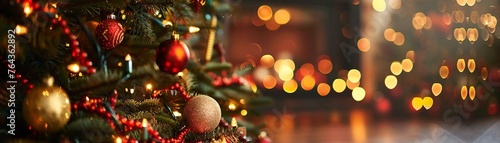 Joyful Christmas Celebrations  Tree  Fireplace  and Bokeh Background