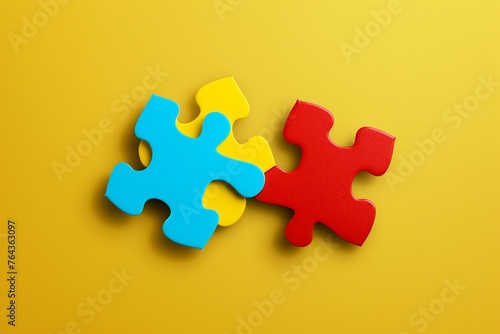 3D color jigsaw puzzle pieces of different colors with shadow on yellow background, symbol for cooperation, teamwork, original thinking, problem solving, game ,brainteaser, enigma and autism spectrum