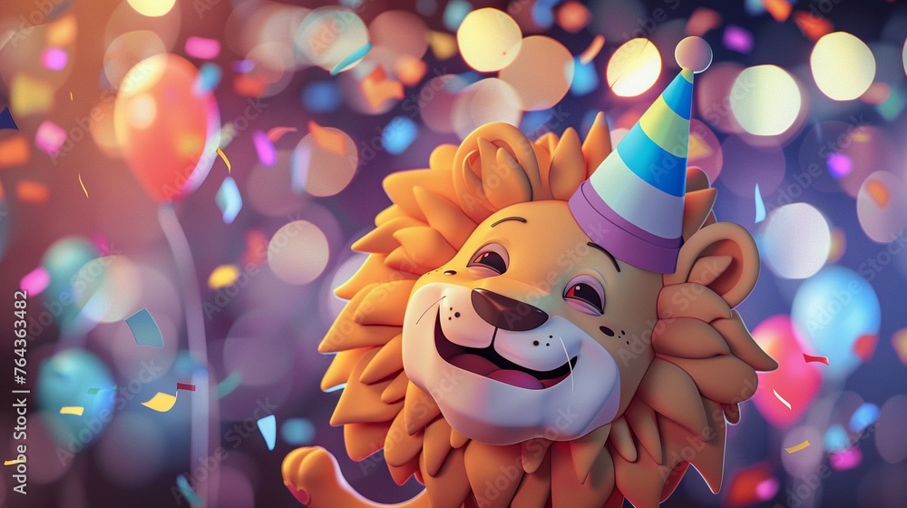 Naklejka premium Happy Lion Celebrating at a Party
