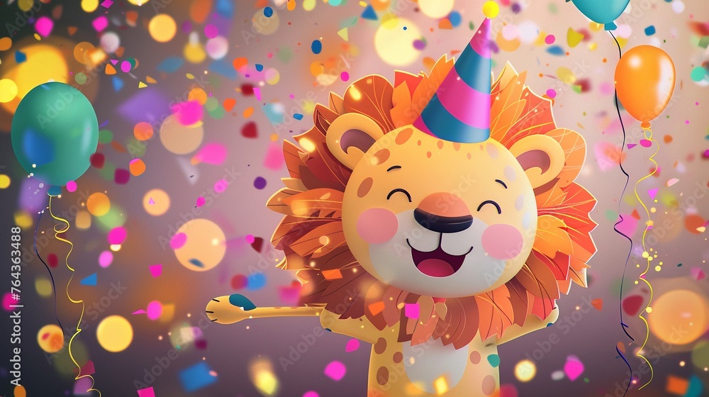 Naklejka premium Happy Lion Celebrating at a Party
