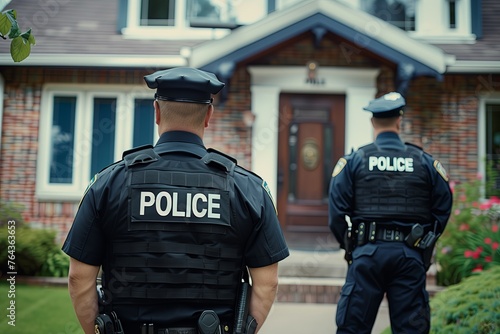 Police officers standing in front of a house