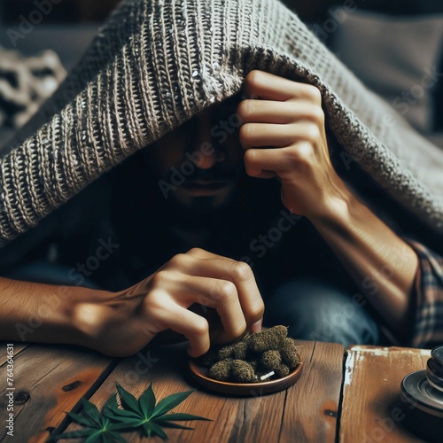 Cannabis user who hides under a cover because he is afraid of prosecution and criminalization. Law and police concept. Legalization. Marijuana ganja weed. Generative AI photo