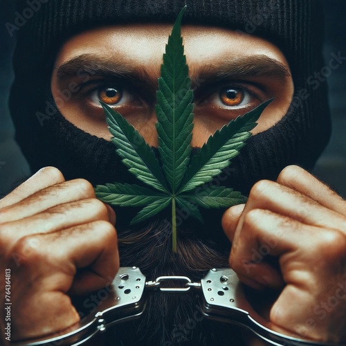 Arrested cannabis consumer with handcuffed hands. Consumer with no evidence of dealing was caught with weed and arrested. Law and police concept. Legalization. Marijuana ganja weed. Generative AI photo