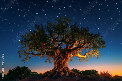 A Twilight Scene of the Tree of Life Under a Starry Sky on Earth Day, Embodying Hope and Renewal