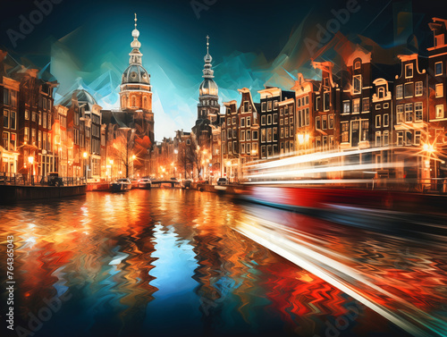 Digital art painting, Amsterdam city, night cityscape, artistic wall art