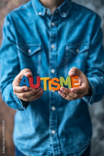 Boy or man holiding the word AUTISME (French for AUTISM) in their hands, the sign is made of colored 3D wooden letters, autistic disabled person in casual denim shirt, blurred background photo