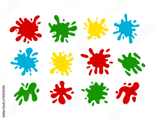 Set of paint splash colorful shapes. Round ink flat splashes, decorative shapes of liquids. Grunge splashes, drops, splashes cartoon style. Holi set. Isolated vector illustration