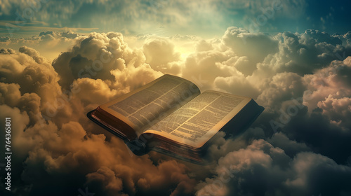 Epic scene with bible surrounded by clouds in the sky