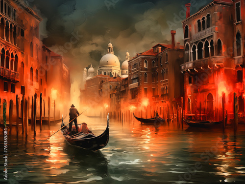 Digital art painting, Venice Italy night cityscape, artistic wall art, background, wallpaper