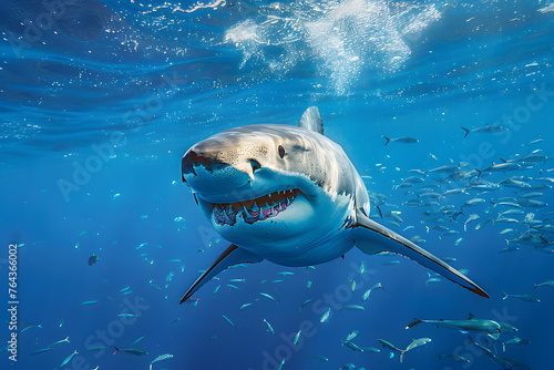 Great White Shark in blue ocean. Underwater photography. Predator hunting near water surface