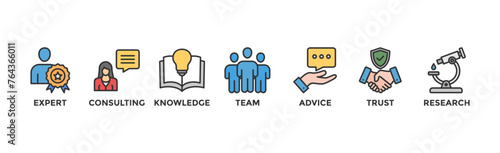 Expertise banner web icon vector illustration concept representing high-level knowledge and experience with an icon of expert, consulting, knowledge, team, advice, trust, and research	