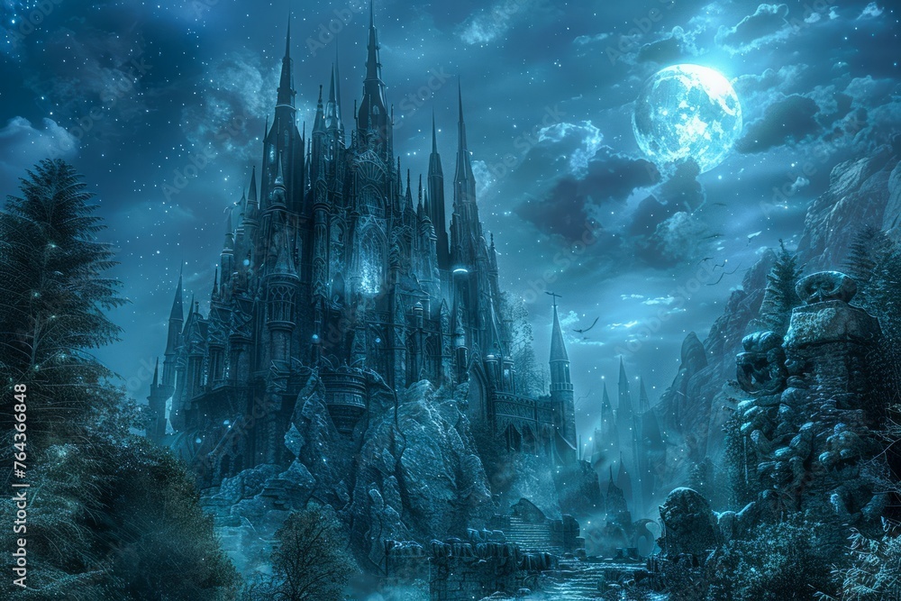 Enchanting Moonlit Fantasy Castle in a Mystical Frozen Landscape with Glowing Celestial Bodies