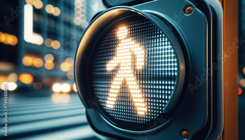 Detailed view of a pedestrian crossing signal, showing the walking man icon illuminated