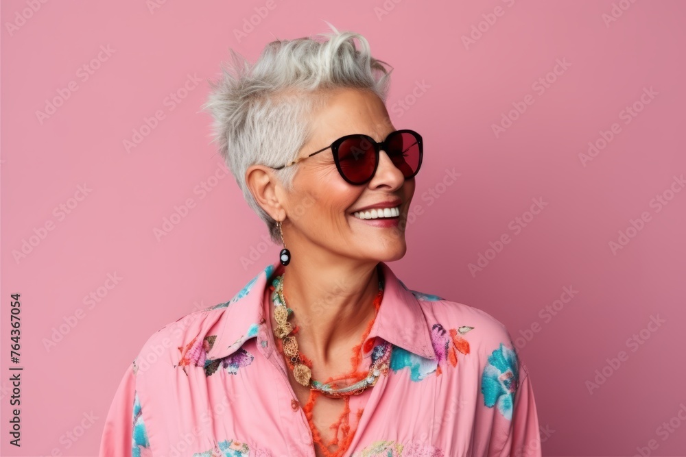 Portrait of a happy senior woman with sunglasses on a pink background Portrait of a happy senior woman with sunglasses on a pink background