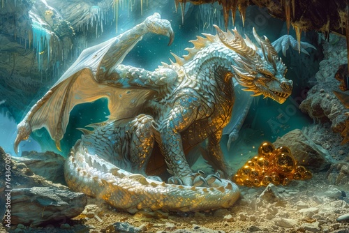 Majestic Dragon Guarding Treasure in Mystical Cave Fantasy Creature with Gemstone Pile Artwork © pisan