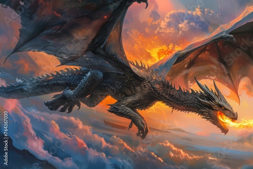 Majestic Dragon Soaring Through a Vibrant Sunset Sky in a Fantasy World Illustration © pisan