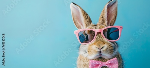 Rabbit wearing pink sunglasses and bow tie isolated on blue background, Easter bunny in stylish suit