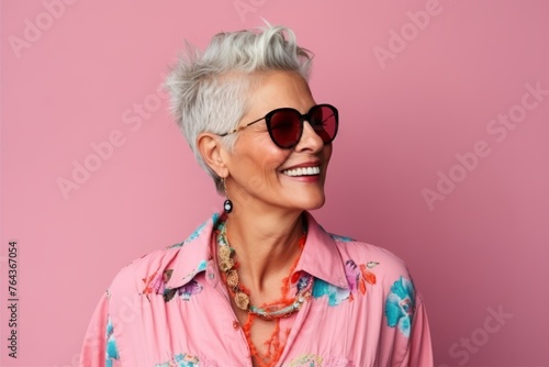 Portrait of a happy senior woman with sunglasses on a pink background © Igor