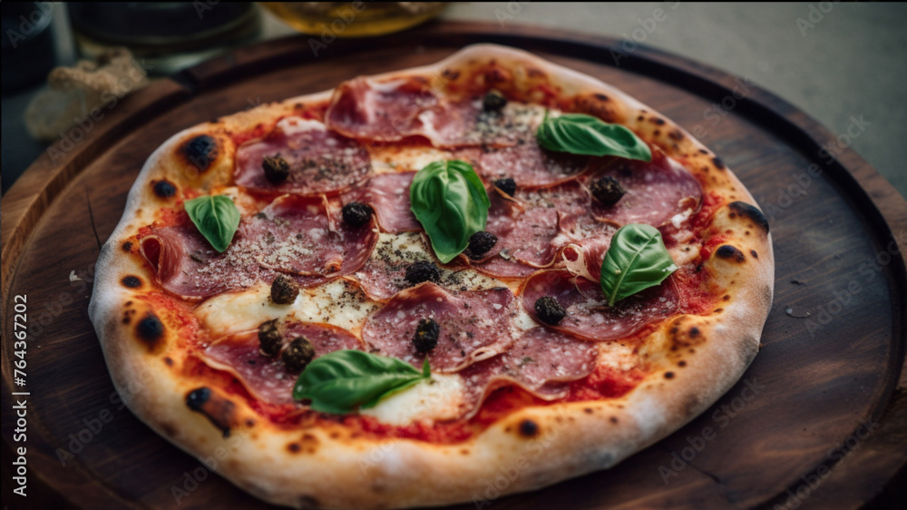 top-down food photograph of freshly made italian salami pizza on wooden table in the garden, well lit and modern outdoor kitchen with black elements 