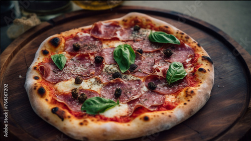 top-down food photograph of freshly made italian salami pizza on wooden table in the garden, well lit and modern outdoor kitchen with black elements 